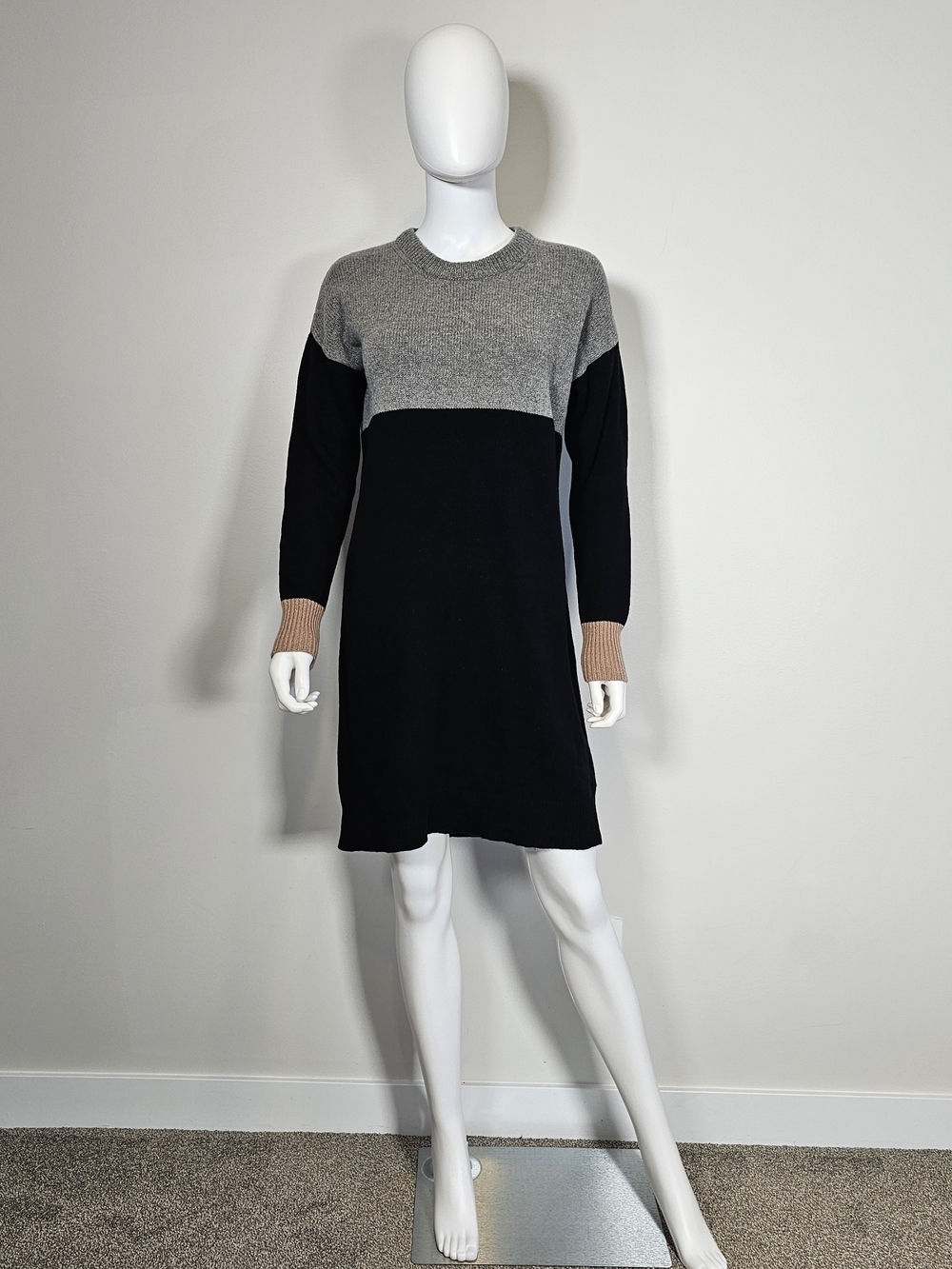 Madewell Black Grey w/ Tan Cuffs Merino Wool Sweater Dress Sz S